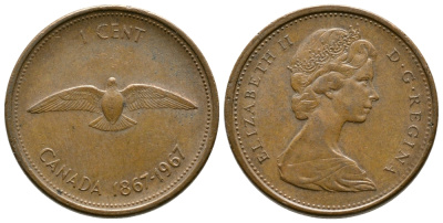 КАНАДА 1 ЦЕНТ 1967 100 ЛЕТ КОНФЕДЕРАЦИИ, ГОД ТИП KM 65 бронза 84-955
