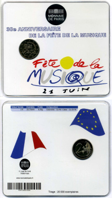 Франция 2 евро 2011 30 лет дня музыки во Франции, буклет, пластик, запайка KM 1789 биметалл BUNC 3897-3-2