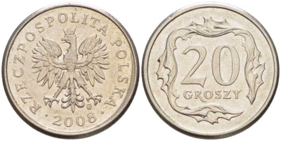 Польша 20 грошей 2008 MW KM 280 медно-никель 201-524