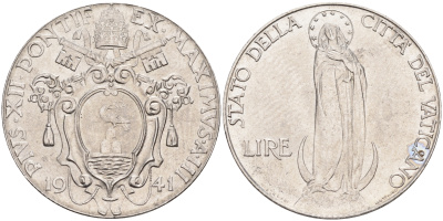 Ватикан 1 лира 1941 Пий XII, Дева Мария KM 26 a сталь UNC 63-1032