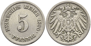ГЕРМАНИЯ 5 ПФЕННИГОВ 1890 F KM 11, Jager 12, Weege 6 медно-никель 4547-322