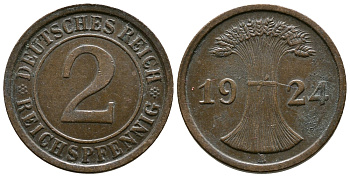 ГЕРМАНИЯ 2 РЕЙХСПФЕННИГА 1924 A KM 38, J. 314 бронза 93-1044
