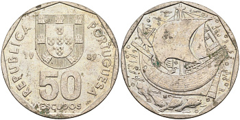 Португалия 50 эскудо 1989 парусник KM 636 медно-никель 4572-1126
