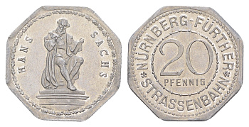 Нюрнберг трамвайный (транспортный) жетон в 20 пфеннигов ND (1920-1921) Ганс Сакс Men05 19256.15, Men18 24102.5 алюминий UNC 3459-527