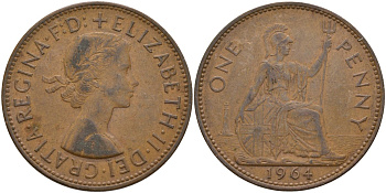 Великобритания 1 пенни 1964 Елизавета II (1952-2022) KM 897, Spink 4157 бронза 4144-931