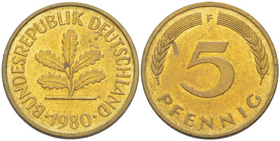 ФРГ 5 ПФЕННИГОВ 1980 F KM 107, J. 382 сталь плакированная латунью 4181-967