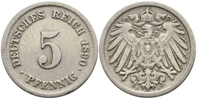 ГЕРМАНИЯ 5 ПФЕННИГОВ 1890 F KM 11, Jager 12, Weege 6 медно-никель 4547-322