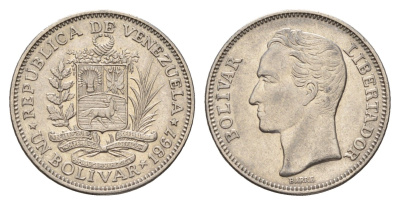 Венесуэла 1 боливар 1967 Симон Боливар, год-тип Y 42 никель UNC 4670-1146