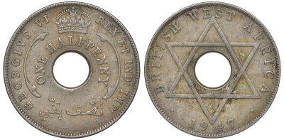 Британская Западная Африка 1/2 пенни 1947 H, Георг VI KM 18 медно-никель 25-1521