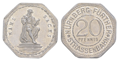 Нюрнберг трамвайный (транспортный) жетон в 20 пфеннигов ND (1920-1921) Ганс Сакс Men05 19256.15, Men18 24102.5 алюминий UNC 3459-527