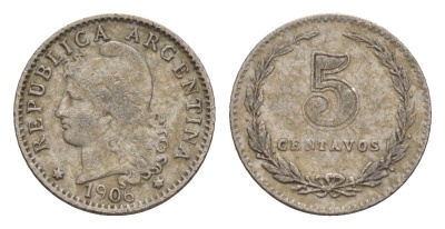 Аргентина 5 сентаво 1906 KM 34 медно-никель 4655-959