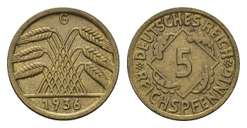Германия 5 рейхспфеннигов 1936 G, редкий монетный двор KM 39, J. 316 алюминиевая бронза 4655-651