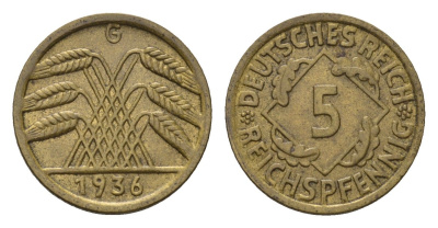 Германия 5 рейхспфеннигов 1936 G, редкий монетный двор KM 39, J. 316 алюминиевая бронза 4655-651