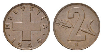 Швейцария 2 раппена 1948 B KM 47 бронза 4708-321