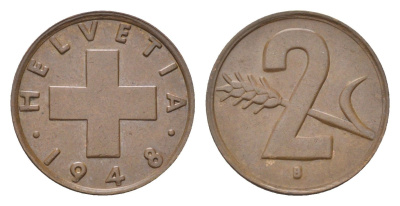 Швейцария 2 раппена 1948 B KM 47 бронза 4708-321