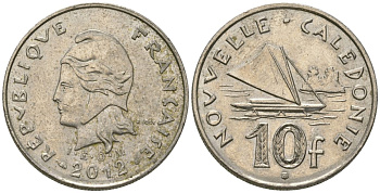 Французская Новая Каледония 10 франков 2012 рыбачья парусная лодка, (IEOM) KM 11a, Schoen 13a, Lec 99k медно-никель 65-532