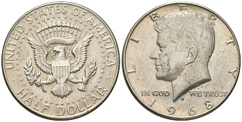 США 1/2 доллара (50 центов) 1968 D, Джон Кеннеди KM 202a серебро UNC 221-1024