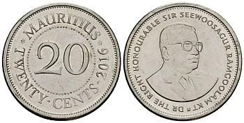 Маврикий 20 центов 2016 Сивусагур Рамгулам KM 53 сталь плакированная никелем 4564-768