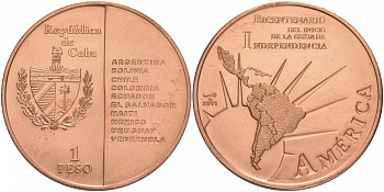 Куба 1 песо 2011 200 лет независимости Южной Америки КМ 955 медь UNC M29-5