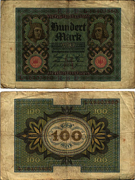 Германия 100 марок 1920 Бамбергский всадник, 8 цифр в номере, буква M Pick 69 b, Розенберг 69b бумага 8609-56-2