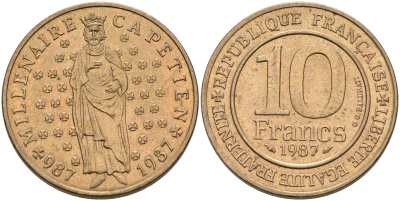 Франция 10 франков 1987 1000 лет первому королю Франции Гуго Капету KM 961 d, Le Franc 371.2 никелированная бронза 4589-713