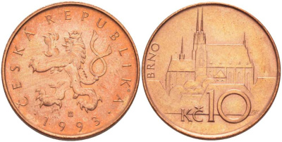ЧЕХИЯ 10 КРОН 1993 ЧЕШСКИЙ ЛЕВ, КАФЕДРАЛЬНЫЙ СОБОР БРНО KM 4 сталь плакированная медью 4514-731