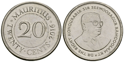 Маврикий 20 центов 2016 Сивусагур Рамгулам KM 53 сталь плакированная никелем 4564-768