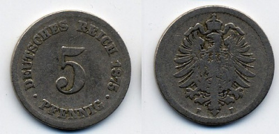 ГЕРМАНИЯ 5 ПФЕННИГОВ 1875 F, СТАРОГЕРБОВКА KM 3, J.3 медно-никель 46-431