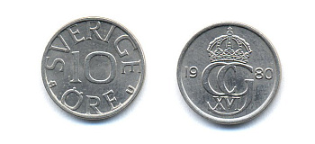 Швеция 10 эре 1980 Карл XVI Густав (1973- ) KM 850 медно-никель 51-5225