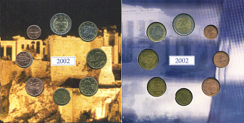 Греция набор из 3 евронаборов по 8 монет 2002-2004 оригинальный официальный набор из трех евронаборов, в картонном буклете    UNC  5-6-1-22