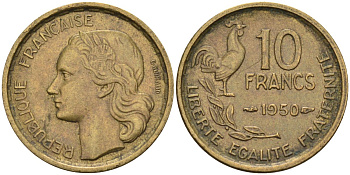 Франция 10 франков 1950 петух KM 915.1, Le Franc 363.2 алюминиевая бронза 188-529