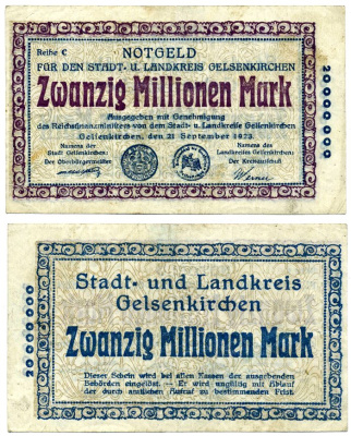 ГЕЛЬЗЕНКИРХЕН 20000000 марок (20 миллионов) 1923 21 сентября 1923, нотгельд, земля Северный Рейн-Вестфалия, REIHE C Keller 1710s бумага 2193-31-2-1