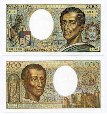 ФРАНЦИЯ 200 ФРАНКОВ 1988 Pick 155с бумага аUNC 7486-17-1-2