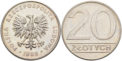 Польша 20 злотых 1989 MW, Народная Республика KM 153.2, Parchimowicz 255a медно-никель 71-1222