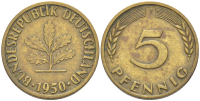 ФРГ 5 ПФЕННИГОВ 1950 J KM 107, J. 382 сталь плакированная латунью 4181-869