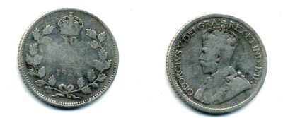 Канада 10 центов 1928 Георг V (1910-1936) KM 23a серебро     46-1134