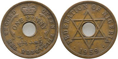 Нигерия 1 пенни 1959 Елизавета II (1952-), Британский протекторат KM 2 бронза 51-157
