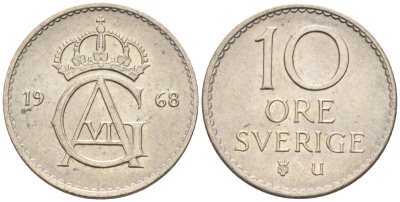 Швеция 10 эре 1968 Густав VI Адольф (1950-1973) KM 835 медно-никель UNC 4585-368