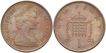 Великобритания 1 пенни 1981 Елизавета II (1952-2022) KM 915, Spink 4237 (B1) бронза 4594-119