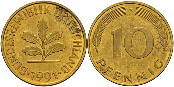 ФРГ 10 пфеннигов 1991 F J. 383, KM 108 сталь плакированная латунью    4603-634