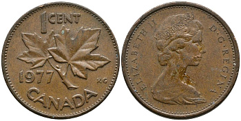 Канада 1 цент 1977 Елизавета II (1952-2022), кленовый лист KM 59.1 бронза 4549-363