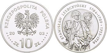 Польша 10 злотых 2003 MW, король польский и великий князь литовский Станислав Лещинский (1704-1709) (1733-1736) KM 475 серебро PROOF 1080-9-55