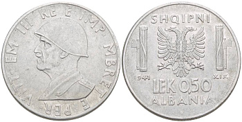 Албания 0,50 лека 1940 R, Итальянская оккупация KM 30 нержавеющая сталь 4538-154