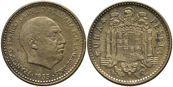 Испания 1 песета 1953 (56) Франциско Франко (1939-1975) KM 775 алюминиевая бронза 4579-836