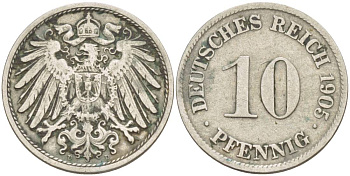 Германия 10 пфеннигов 1905 D KM 12, Jager 13, Weege 8 медно-никель 219-114