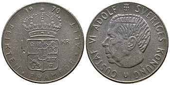 Швеция 1 крона 1970 Густав VI Адольф (1950-1973) KM 826a медь плакированная медно-никелем 4179-1211