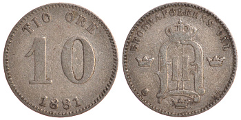 Швеция 10 эре 1881 Оскар II (1872-1907) король Швеции и Норвегии KM 755 серебро 4179-515