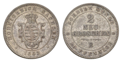 Саксония 2 гроша 1863 B, Иоганн (1854-1873) KM 1220 серебро 4625-1013