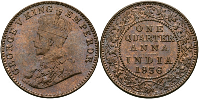 Британская Индия 1/4 анна 1936 Георг V (1910-1936) KM 512 бронза UNC 94-234