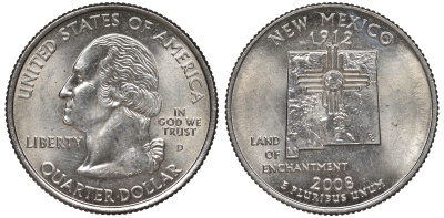 США 25 центов = квотер 2008 D, серия штаты США, Нью-Мексико KM 422 медь плакированная медно-никелем 4525-216